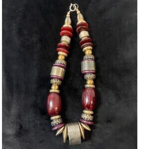 Vintage Red Wood and Metal Beaded Tribal-Style Choker Necklace